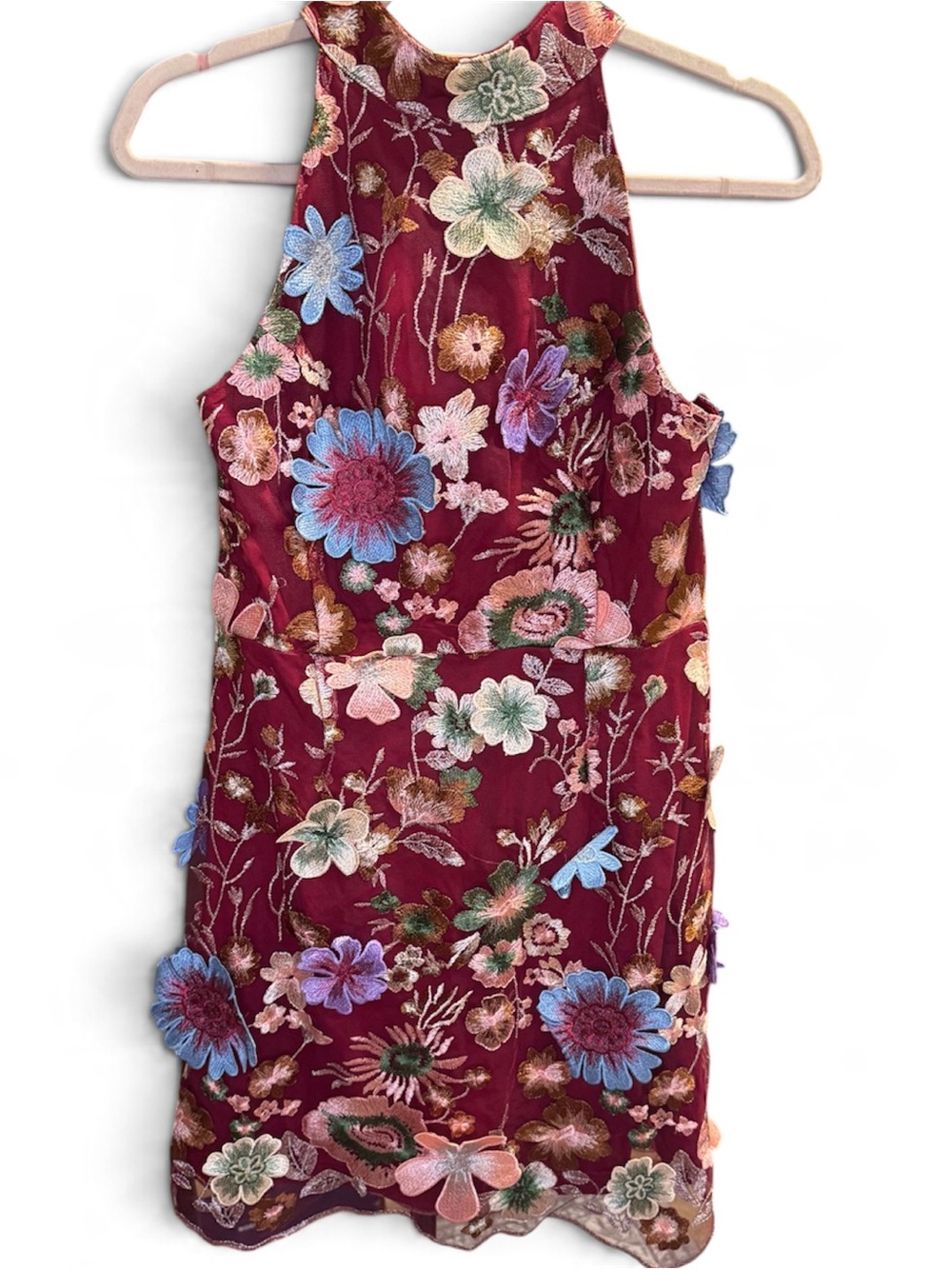 Entro women’s Floral Embroidered 3d flowers Halter Neck Burgundy Party Dress